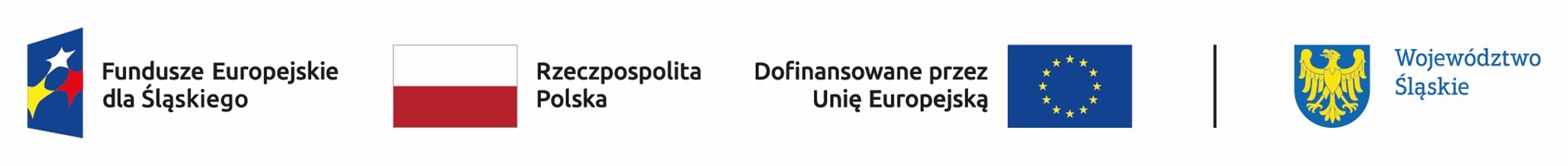 Cztery symbole w jednej linii: logo Funduszy Europejskich z napisem „Program Regionalny”, flaga Polski z tekstem „Rzeczpospolita Polska”, kolorowe fale z napisem „Śląskie”, flaga UE z podpisem „Europejskie Fundusze Strukturalne i Inwestycyjne”.